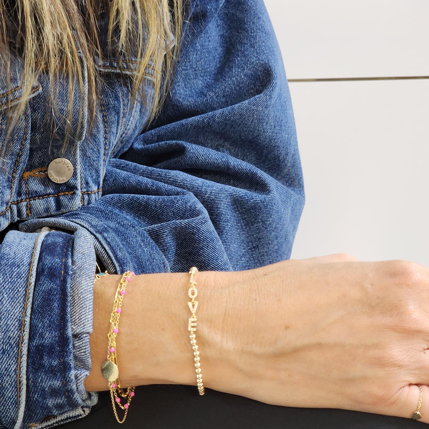 Stretch Gold Filled Love Bracelet with CZ Pendant - Dainty Womens Stacking Bracelet