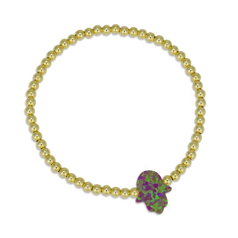 Gold Filled Beaded Opal Hamsa Bracelet, Hand Bracelet, Isabella Celini, Gold Filled Beads, Stretch Stacking Bracelet, Protection Bracelet