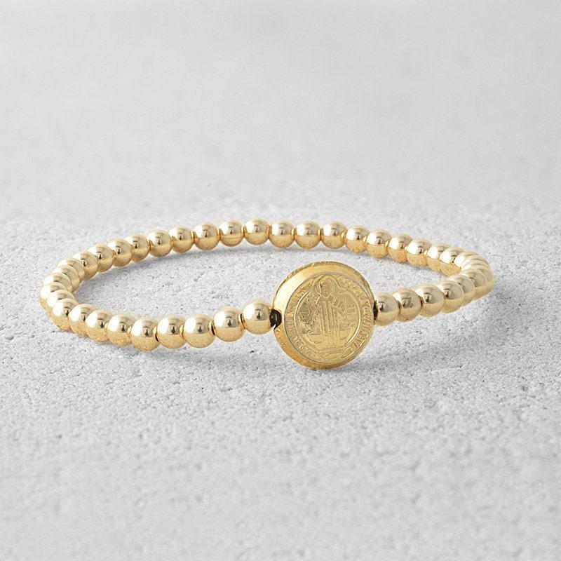 Elegant St Benedict Gold Filled Bracelet - Religious Charm Stretch Wrist Bracelet by Isabella Celini