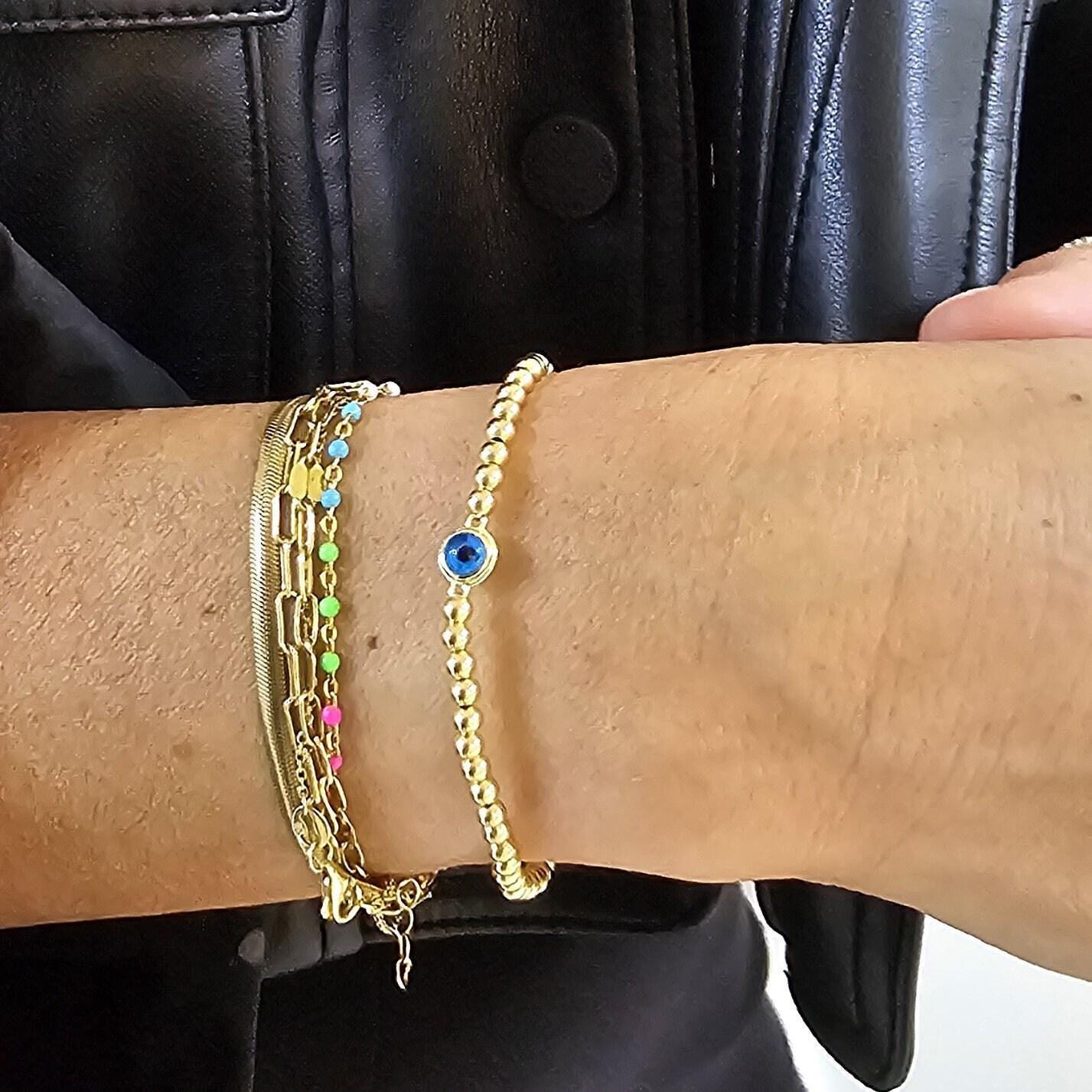Bohemian Evil Eye Bracelet - Spiritual Stretch Gold Filled Beaded - Good Luck Jewelry - Tarnish Free