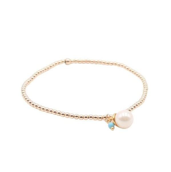 Dainty Gold Filled Stretch Stacking Bracelet - Pearl and Turquoise Charm Bracelet for Woman