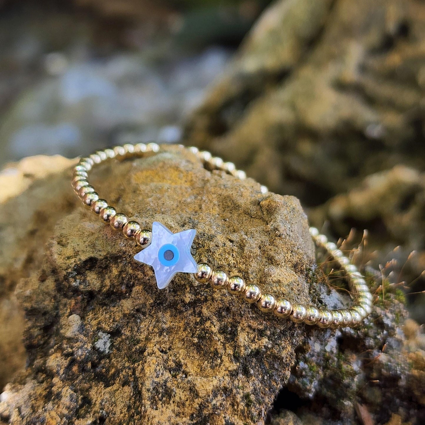 Gold Filled Evil Eye Opal Protection Bracelet Good Luck Stacking Bracelet Stretchy Jewelry