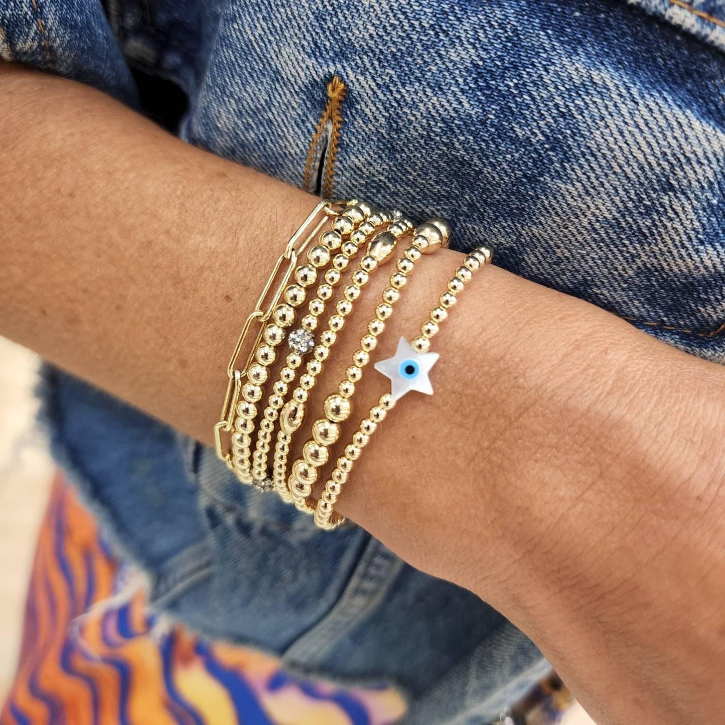 Gold Filled Evil Eye Opal Protection Bracelet Good Luck Stacking Bracelet Stretchy Jewelry