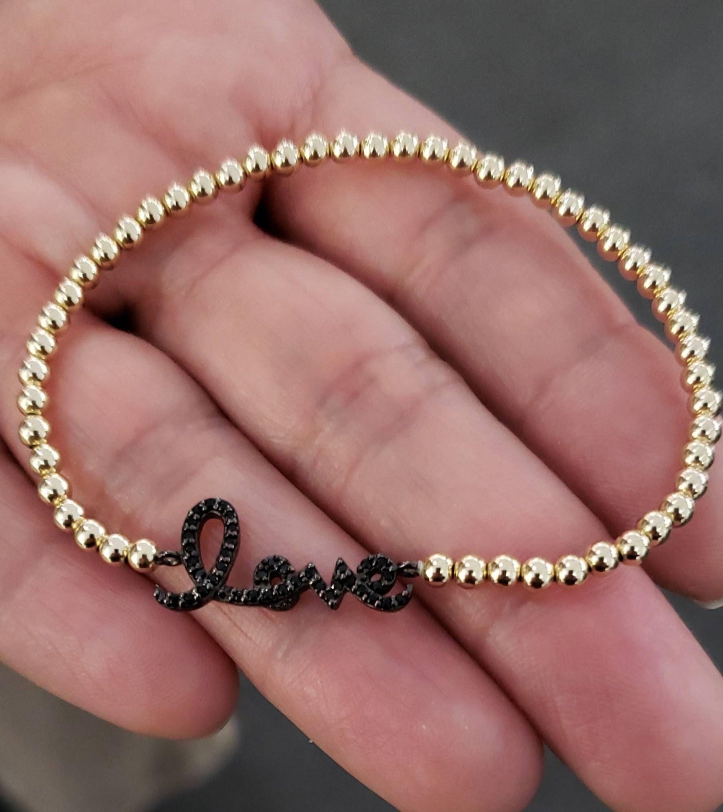 Dainty Gold Filled Beaded Script Love Bracelet - CZ Pendant Stacking Jewelry for Women - Special Gift for Her