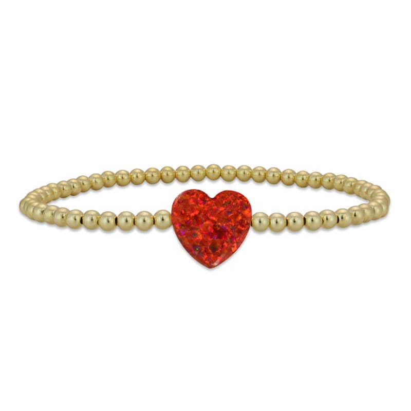Opal Heart Pendant Stretch Bracelet - Gold Filled Beads - Stackable Adjustable - Womens Jewelry