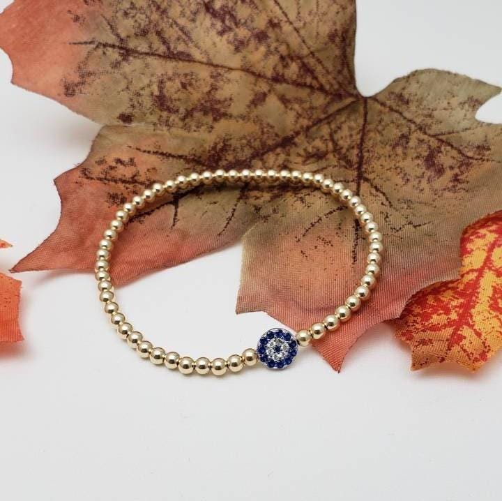14kt Gold Evil Eye Protection Bracelet - Tarnish-Free Stacking Beaded