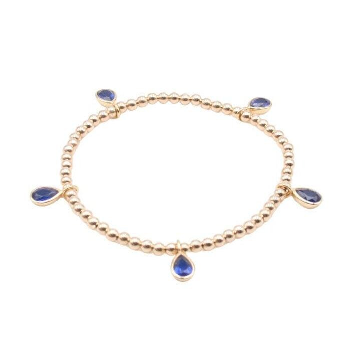 Gold Filled Beaded Charm Bracelet for Women - Cubic Zirconia Tear Drop Round and Square Charms