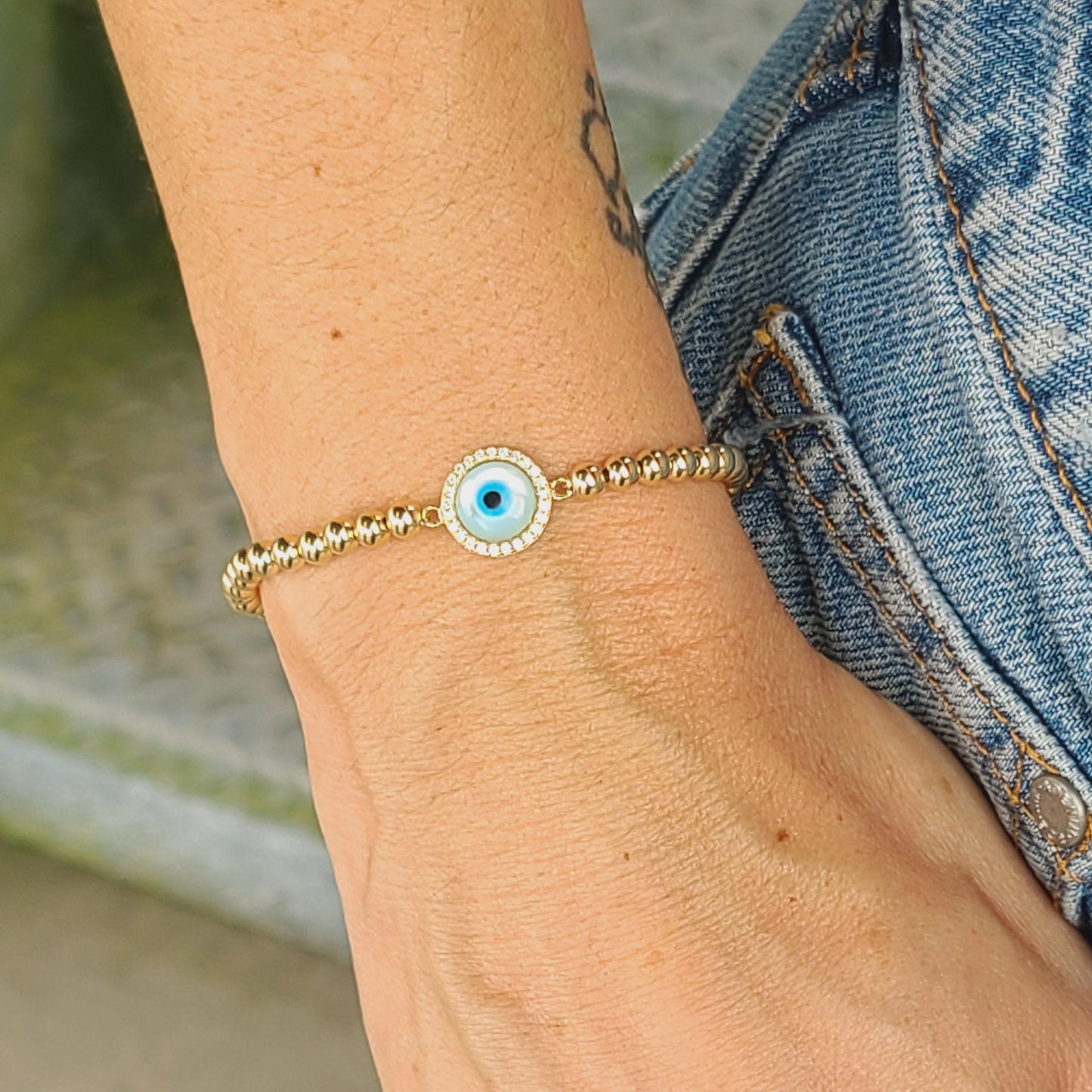 Gold Filled Evil Eye Protection Bracelet - Beaded Stretch Bracelet for Good Luck