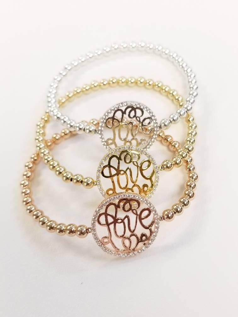 Gold Filled Cursive Love Pendant Cubic Zirconia Bracelet - Stretch Fit Stackable for Her