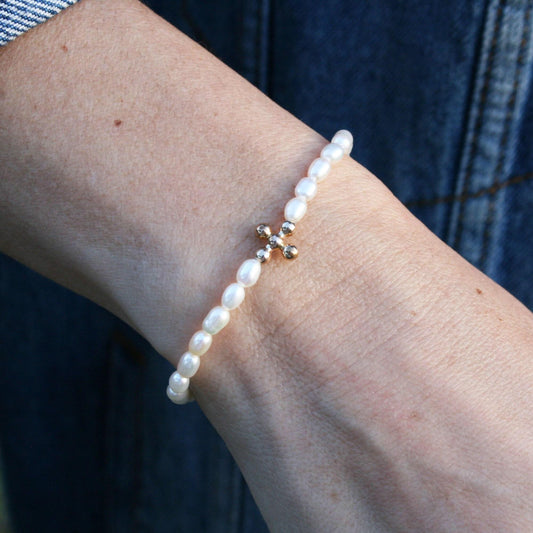 Pearl Cross Bracelet, Fresh Water Pearl Bracelet, Gold Filled Bracelet