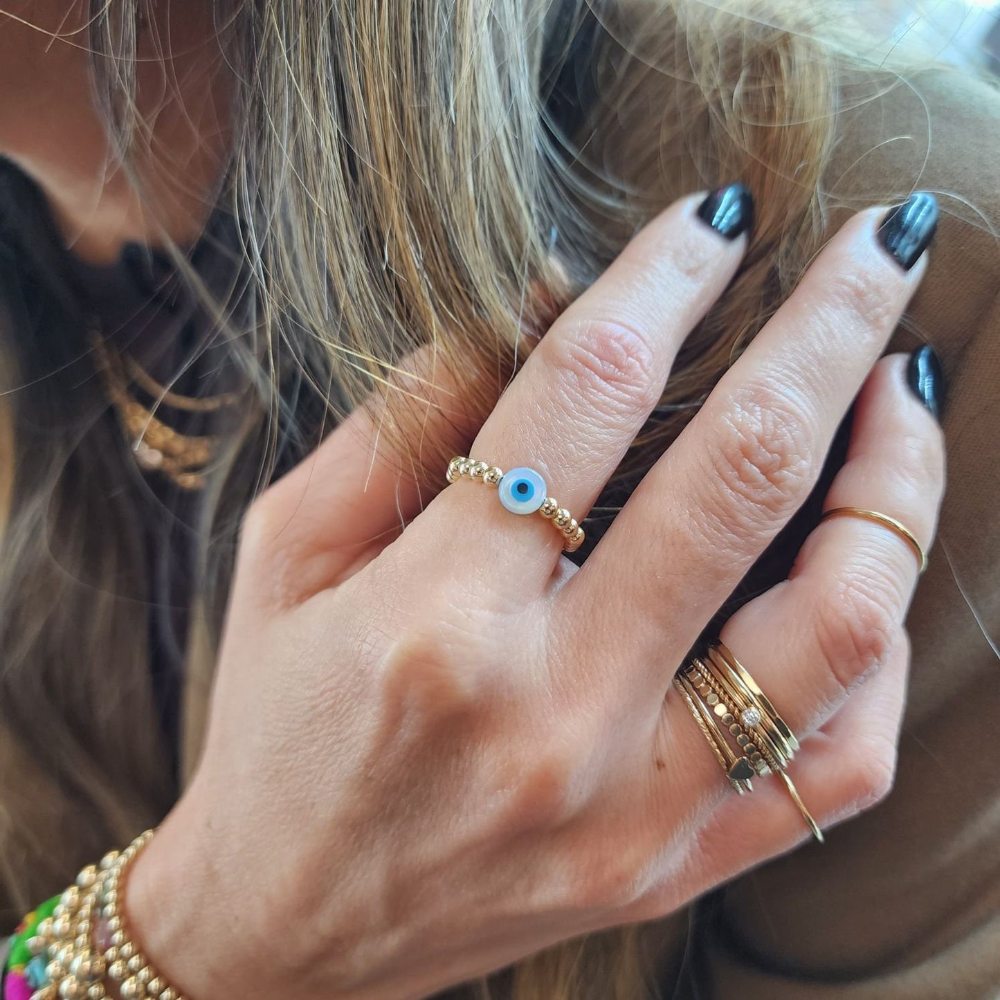 Good Luck Protection Gold Filled Stretch Ring - Tarnish Free - 3mm - Evil Eye Design