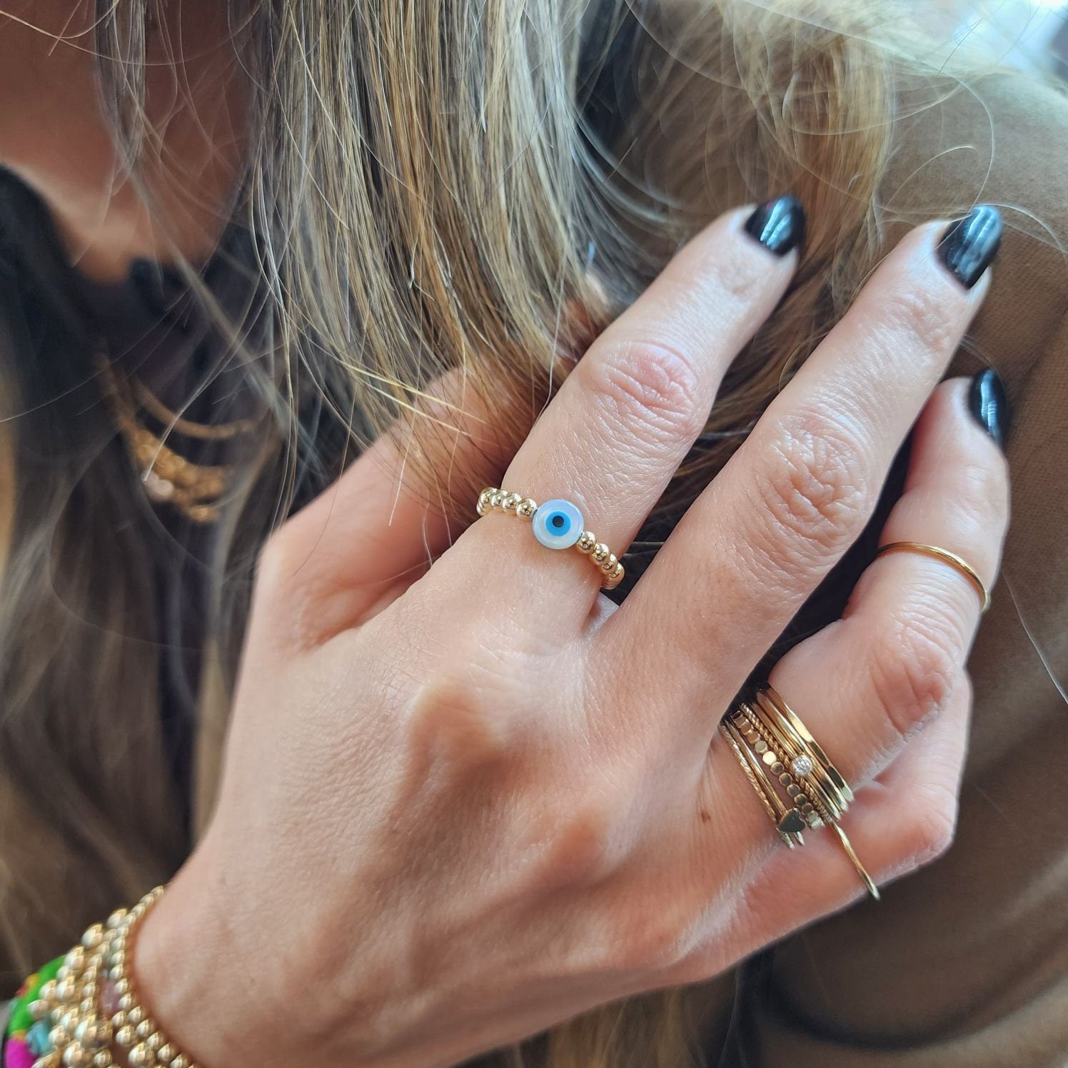 Good Luck Protection Gold Filled Stretch Ring - Tarnish Free - 3mm - Evil Eye Design