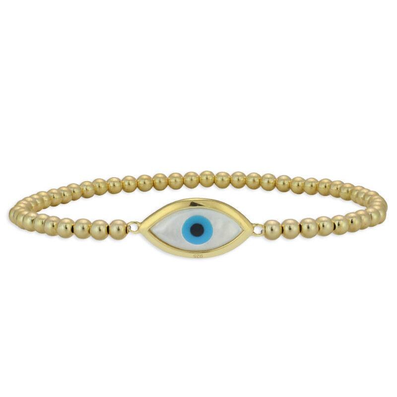 Gold Filled Evil Eye Mother of Pearl Pendant Bracelet - Good Luck Spiritual Stylish Stacking Stretch Womens Accessory