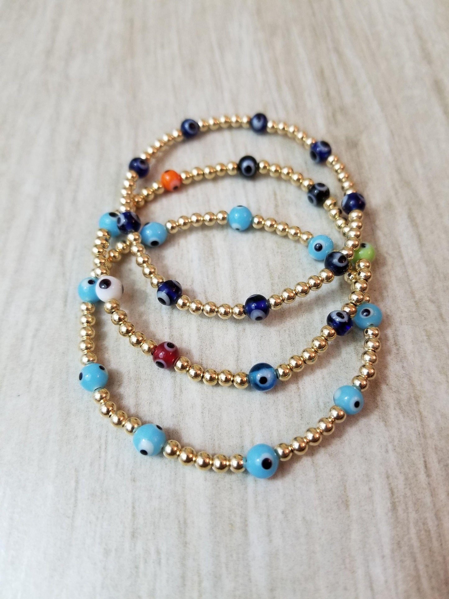 Gold Filled Evil Eye Bracelet for Women - Stackable Good Luck Stretch Beaded Jewelry - Tarnish Free