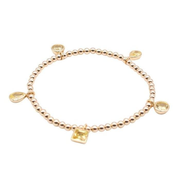 Gold Filled Beaded Charm Bracelet for Women - Cubic Zirconia Tear Drop Round and Square Charms