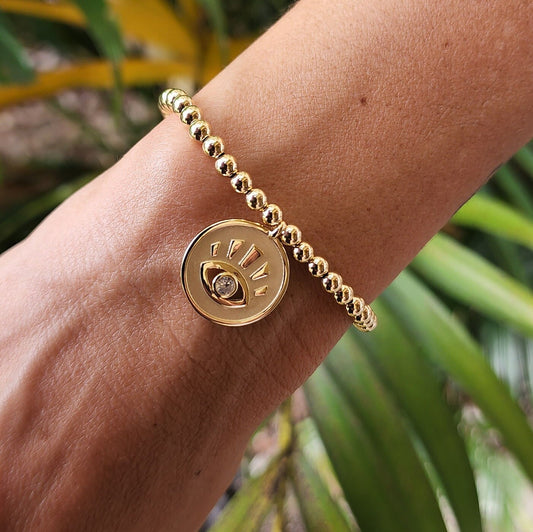 Evil Eye Charm with Gold Filled Beads, Isabella Celini, Gold Filled Beads, Stretch Stacking Bracelet, Boho Chic, Gift for Women
