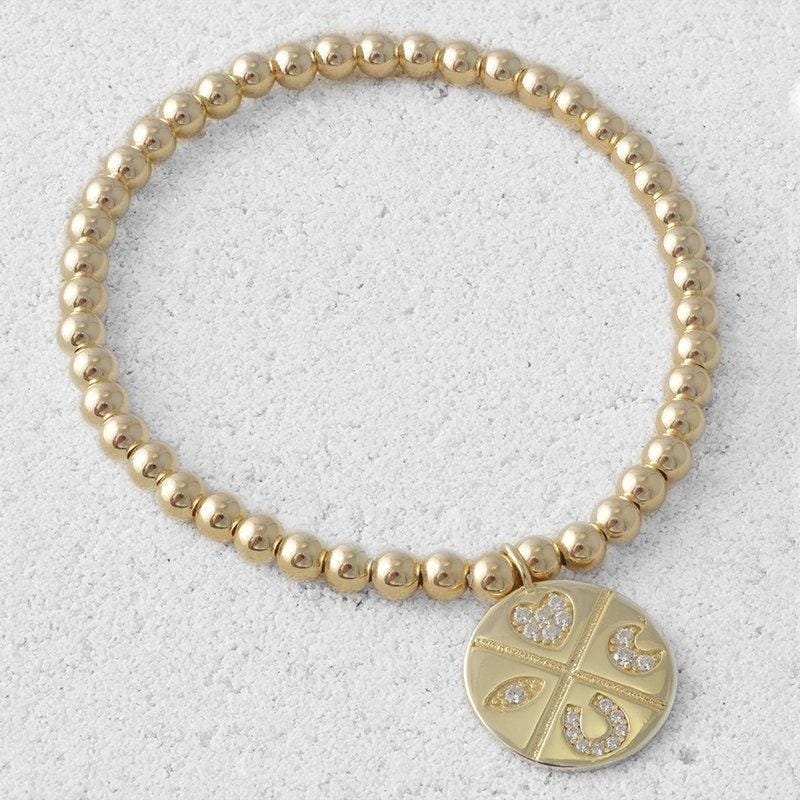 Gold Filled Good Luck Charm Bracelet with Cubic Zirconia  Evil Eye Stretch Charm for Woman