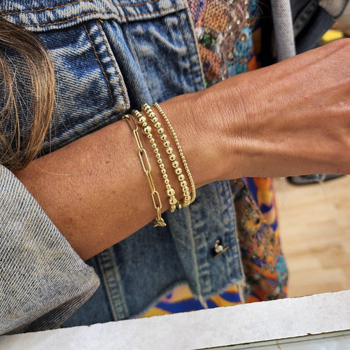 14kt Gold Filled Stacking Beaded Bracelet - 3 mm and 5 mm Station Beaded Ladies Waterproof and Tarnish-Free Stretch Bracelet