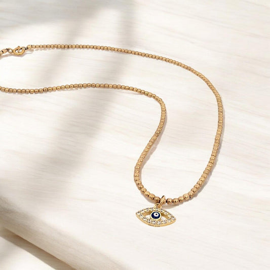 Dainty Gold Filled Beaded Necklace with Evil Eye Charm  for Women by Isabella Celini, Tarnish Free Water Resistant Jewelry