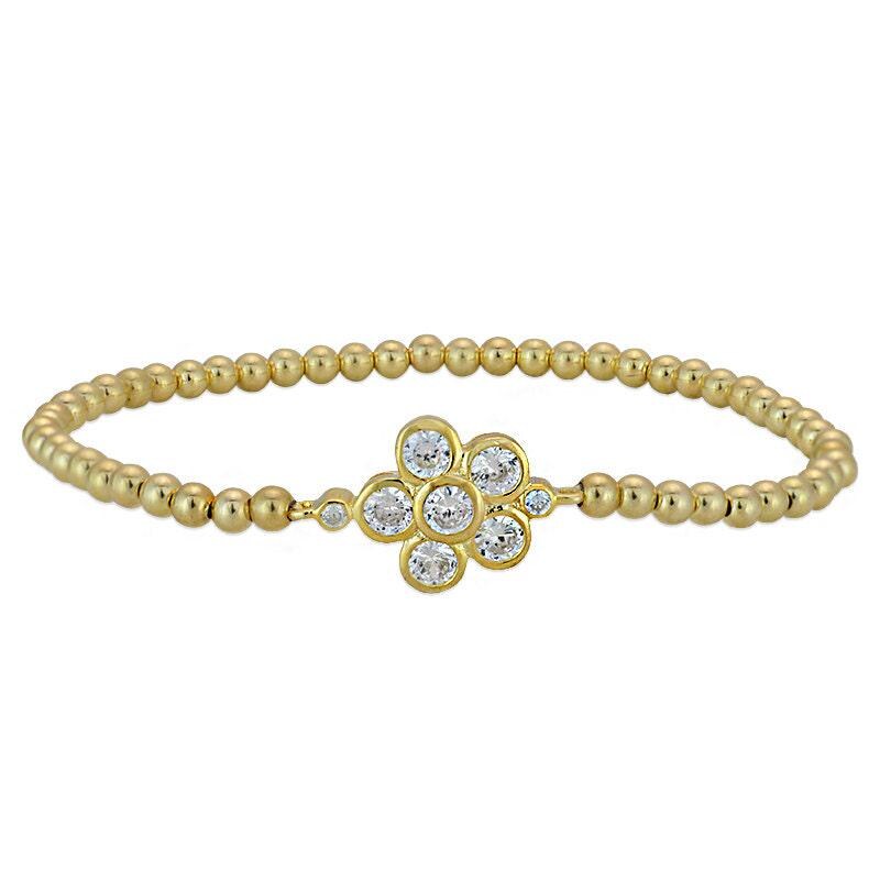 Gold Filled CZ Flower Bracelet - Stretch Stacking with Sterling Silver Pendant - Gift for Women