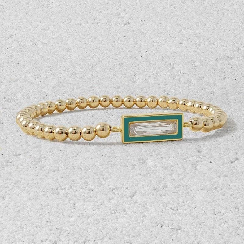 14kt Gold Filled CZ Pendant Bracelet - Beaded Stretch Stackable - Rectangular Design with Enamel