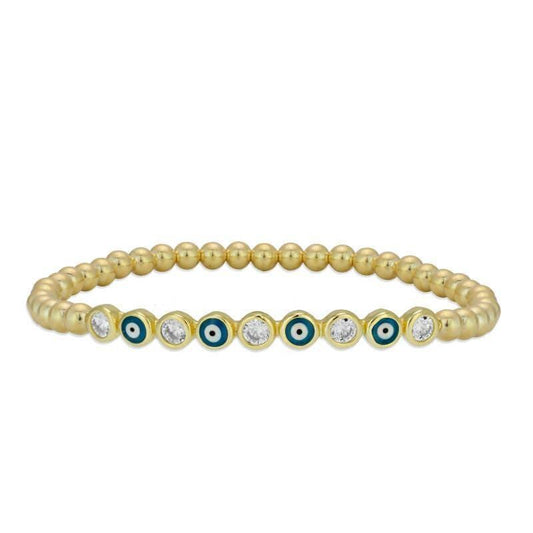 14kt gold filled jewelry, gold filled bracelet, beaded bracelet, tarnish free jewelry, tarnish free bracelet, stackable bracelet, stretch bracelet, evil eye bracelet, evileye jewelry