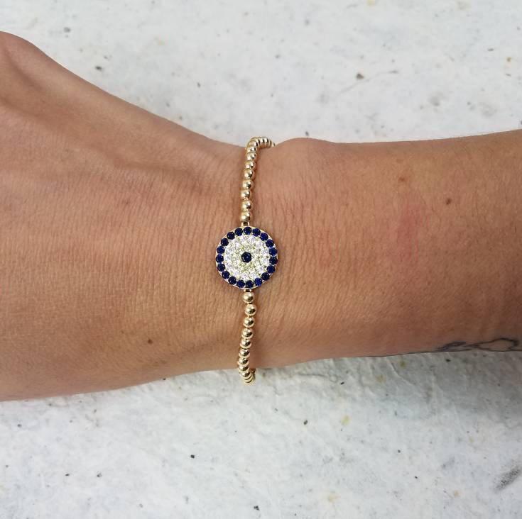 Gold Evil Eye Protection Bracelet - Women's Beaded Pendant Jewelry for Good Luck - Stacking Bracelet