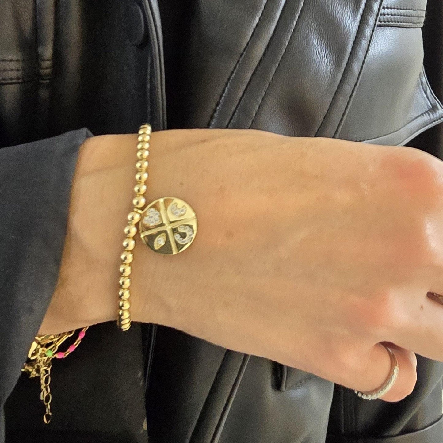 Gold Filled Good Luck Charm Bracelet with Cubic Zirconia  Evil Eye Stretch Charm for Woman