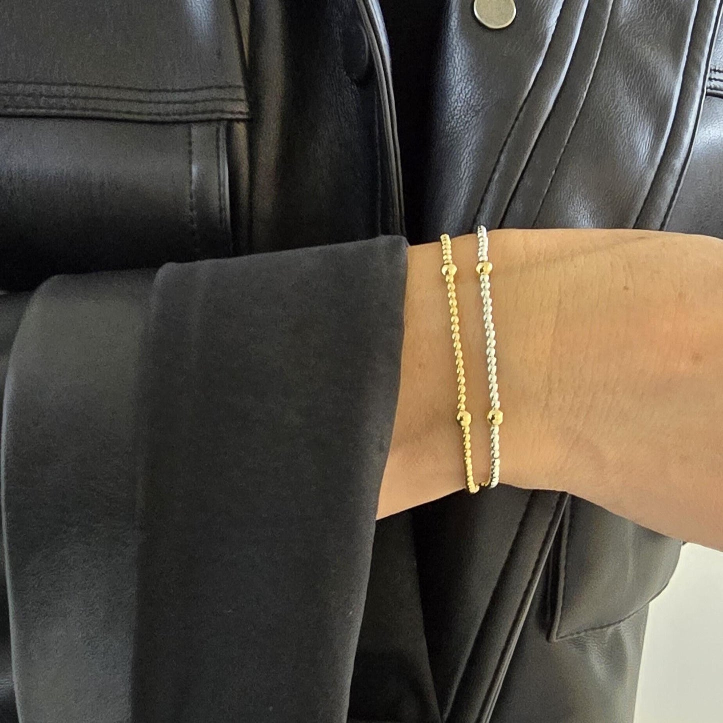 2 mm with 4 mm Gold Filled Beads Bracelet, Stackable Station Beaded & Delicate Adjustable Layering Bracelet