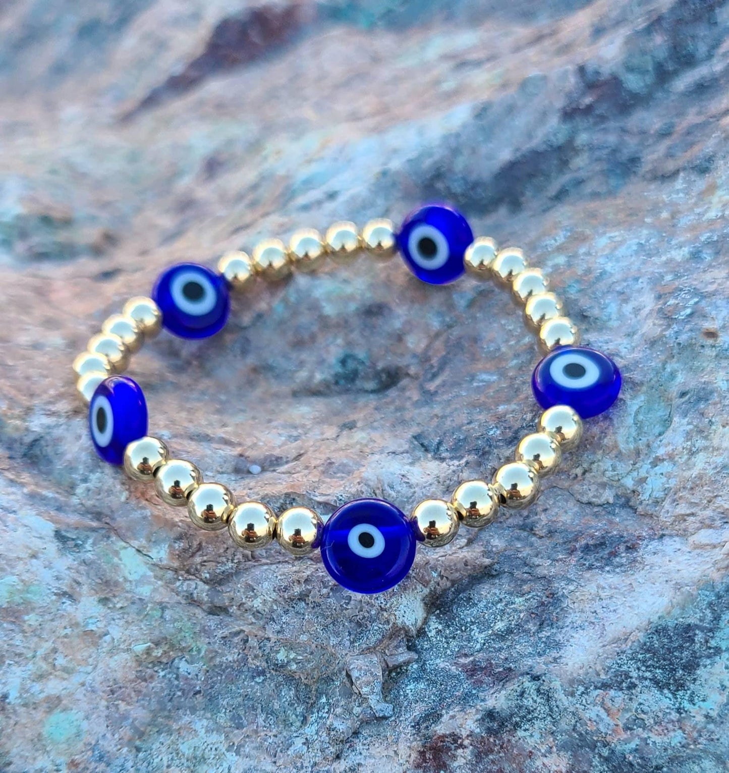 14kt Gold Filled Stretch Evil Eye Bracelet - Tarnish Free Good Luck Beaded Jewelry by Isabella Celini