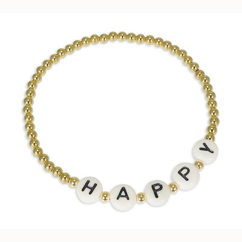 Gold Filled Happy Letter Beaded Bracelet - Customizable Tarnish-Free Waterproof Jewelry