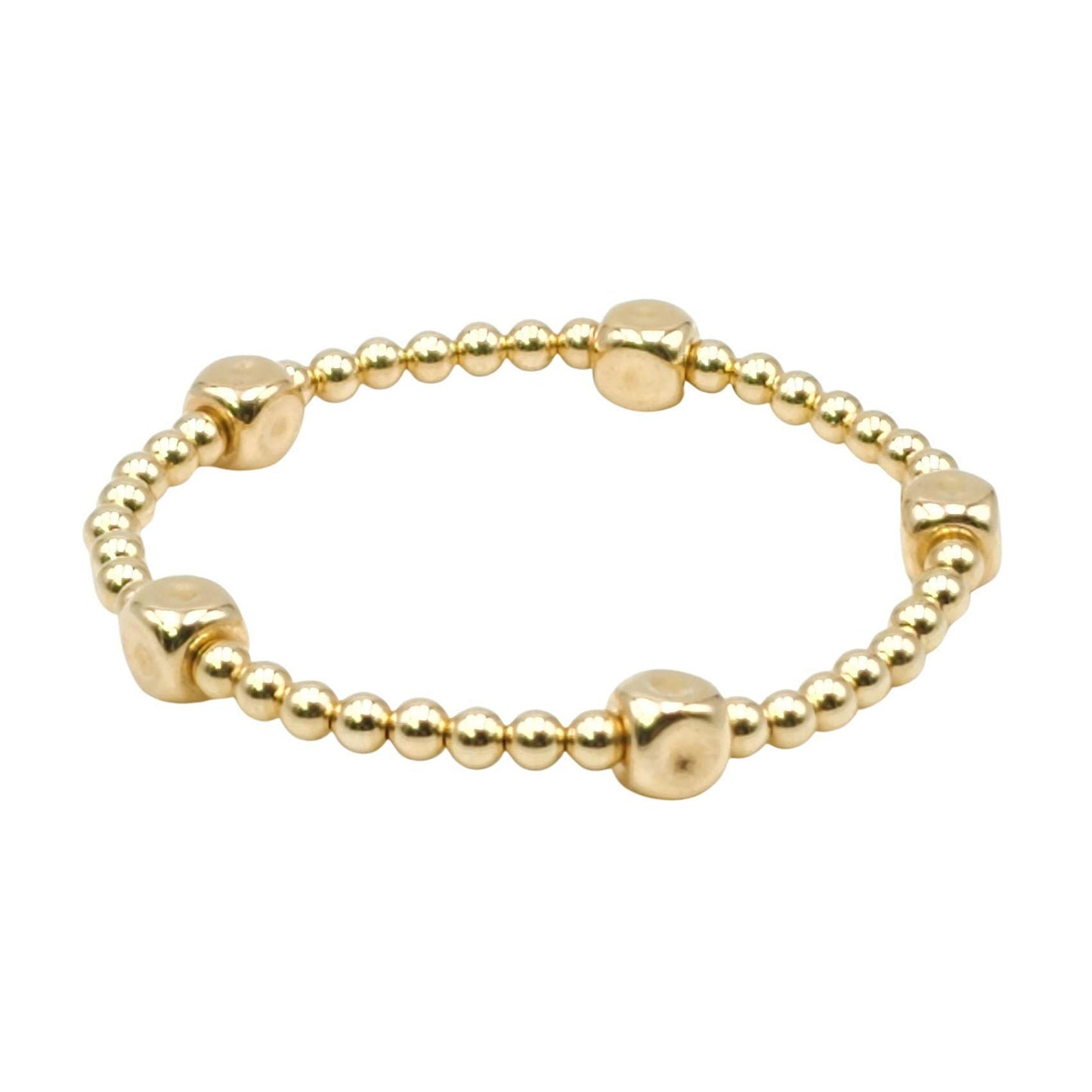 Gold Filled Stretch Bracelet with Cube Beads and 4mm Beads- Stackable and Stylish Tarnish Free Jewelry