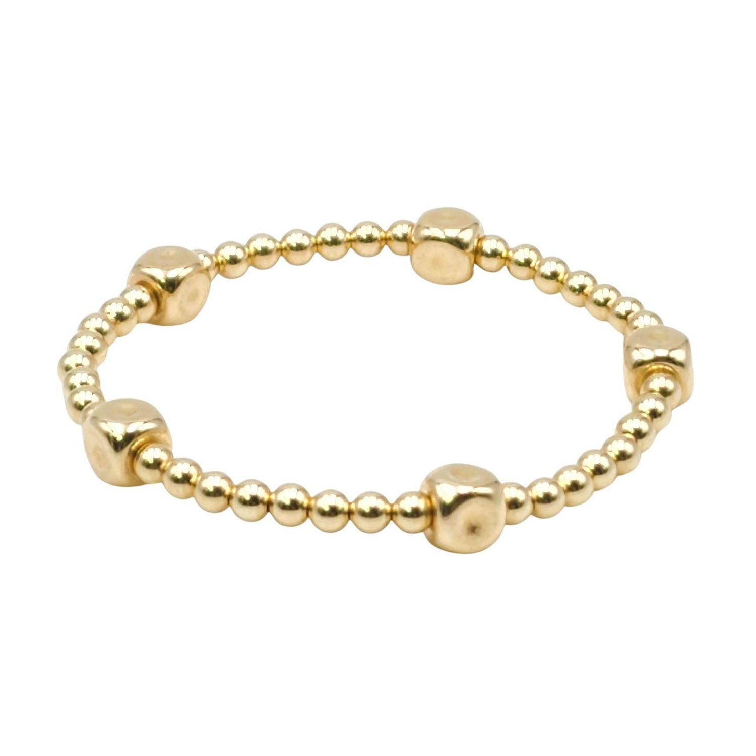 Gold Filled Stretch Bracelet with Cube Beads and 4mm Beads- Stackable and Stylish Tarnish Free Jewelry