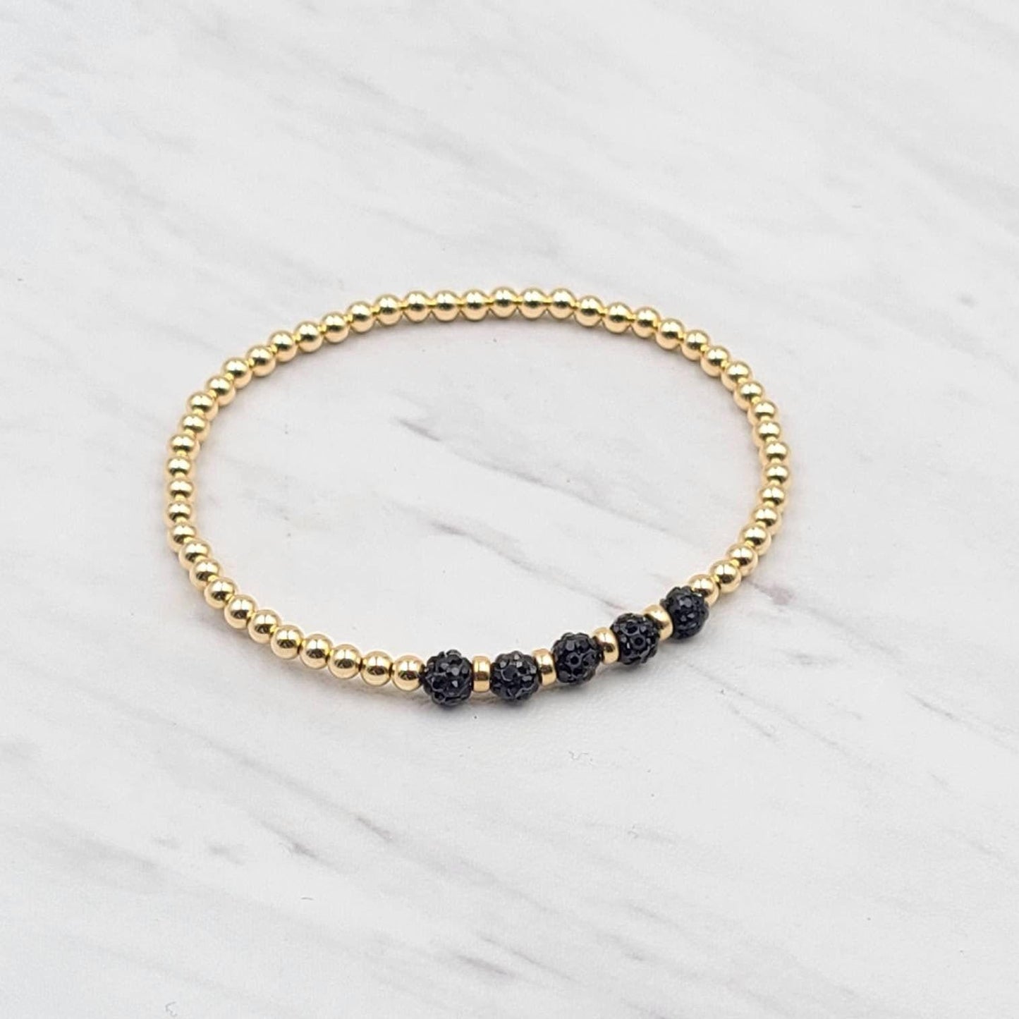 Gold Filled Beaded Bracelet with Bohemian Style and Cubic Zirconia Pave Ball - Stretch Design