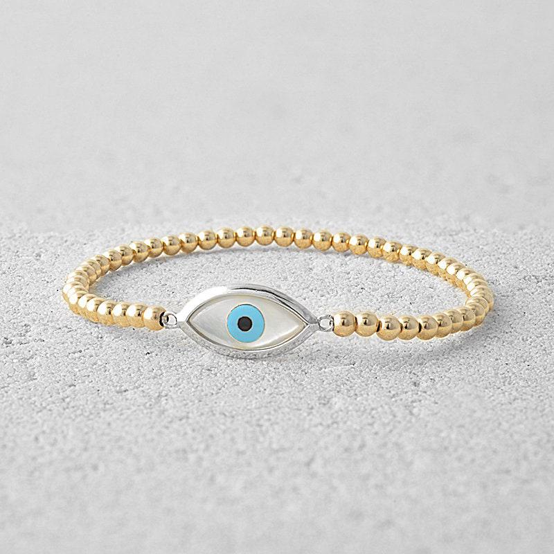 Gold Filled Evil Eye Mother of Pearl Pendant Bracelet - Good Luck Spiritual Stylish Stacking Stretch Womens Accessory