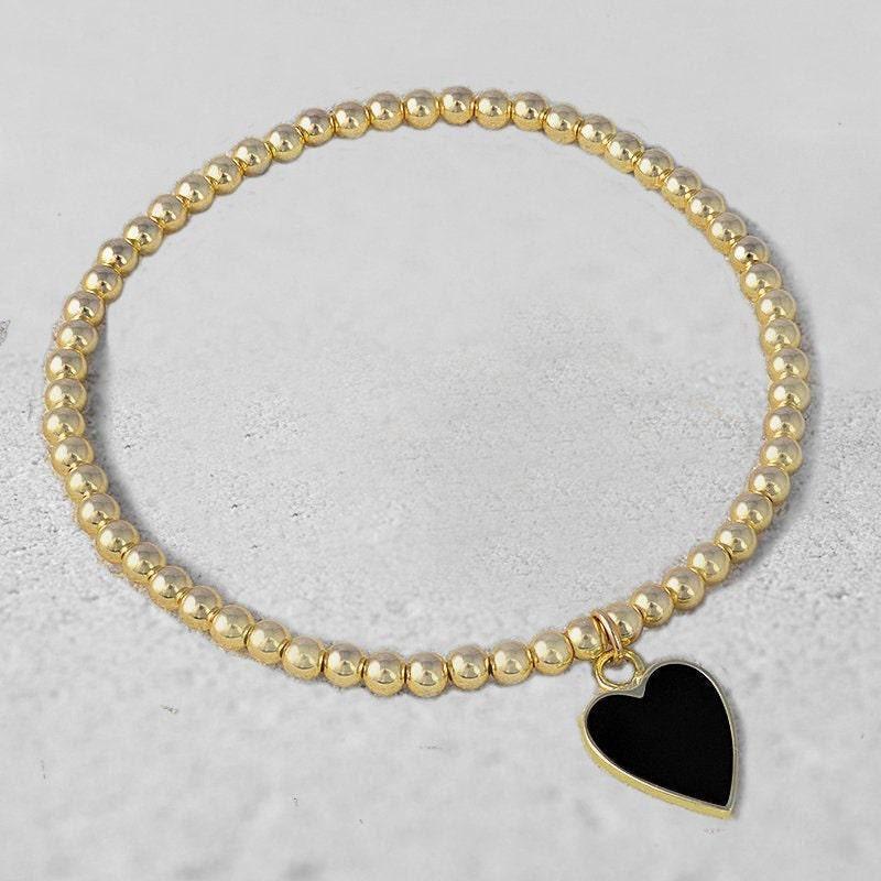 Stretch Beaded Bracelet - Heart Charm Sterling Silver Gold Filled with Enamel Finish Stackable Bracelet