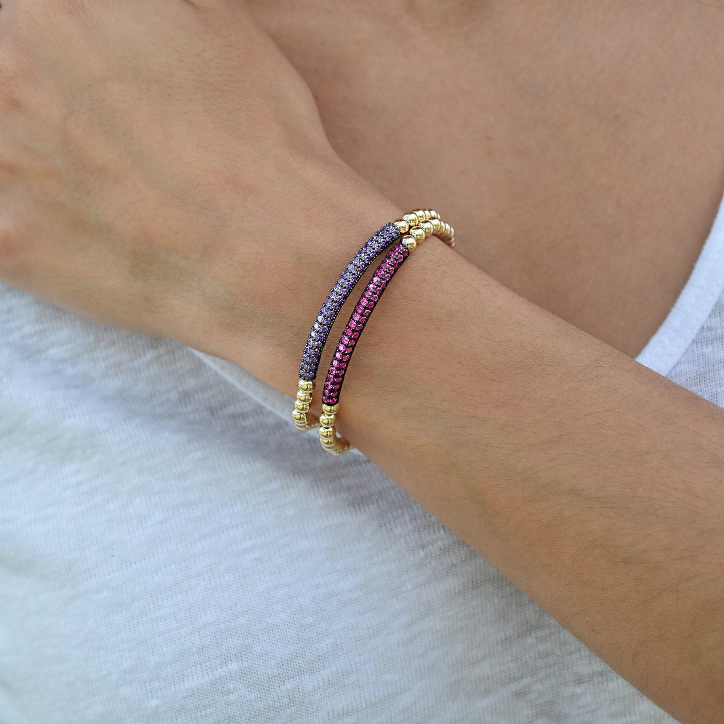 Gold Filled Cubic Zirconia Stacking Bracelet - Various Color Options Available - Pave Bar Design