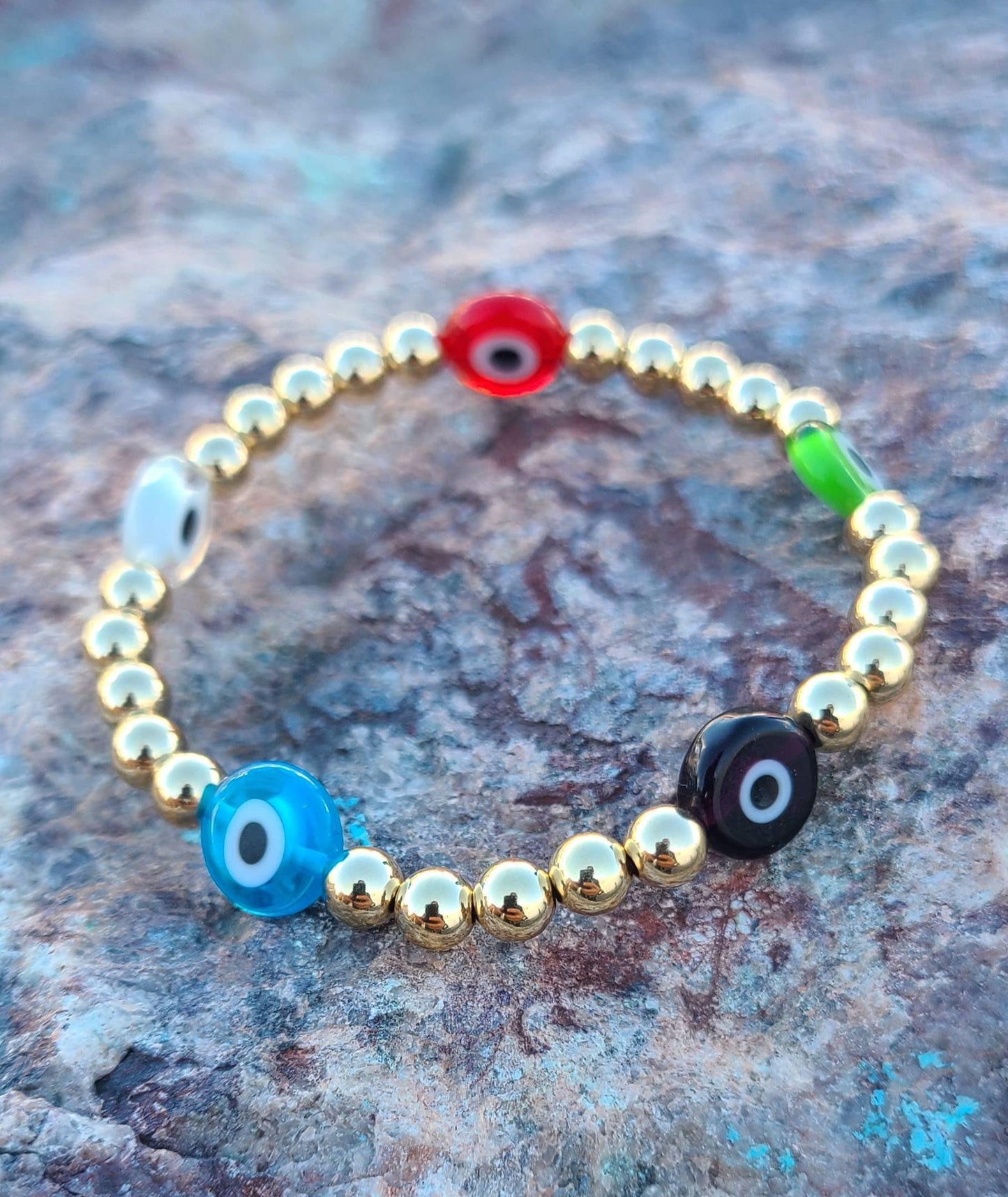 14kt Gold Filled Stretch Evil Eye Bracelet - Tarnish Free Good Luck Beaded Jewelry by Isabella Celini