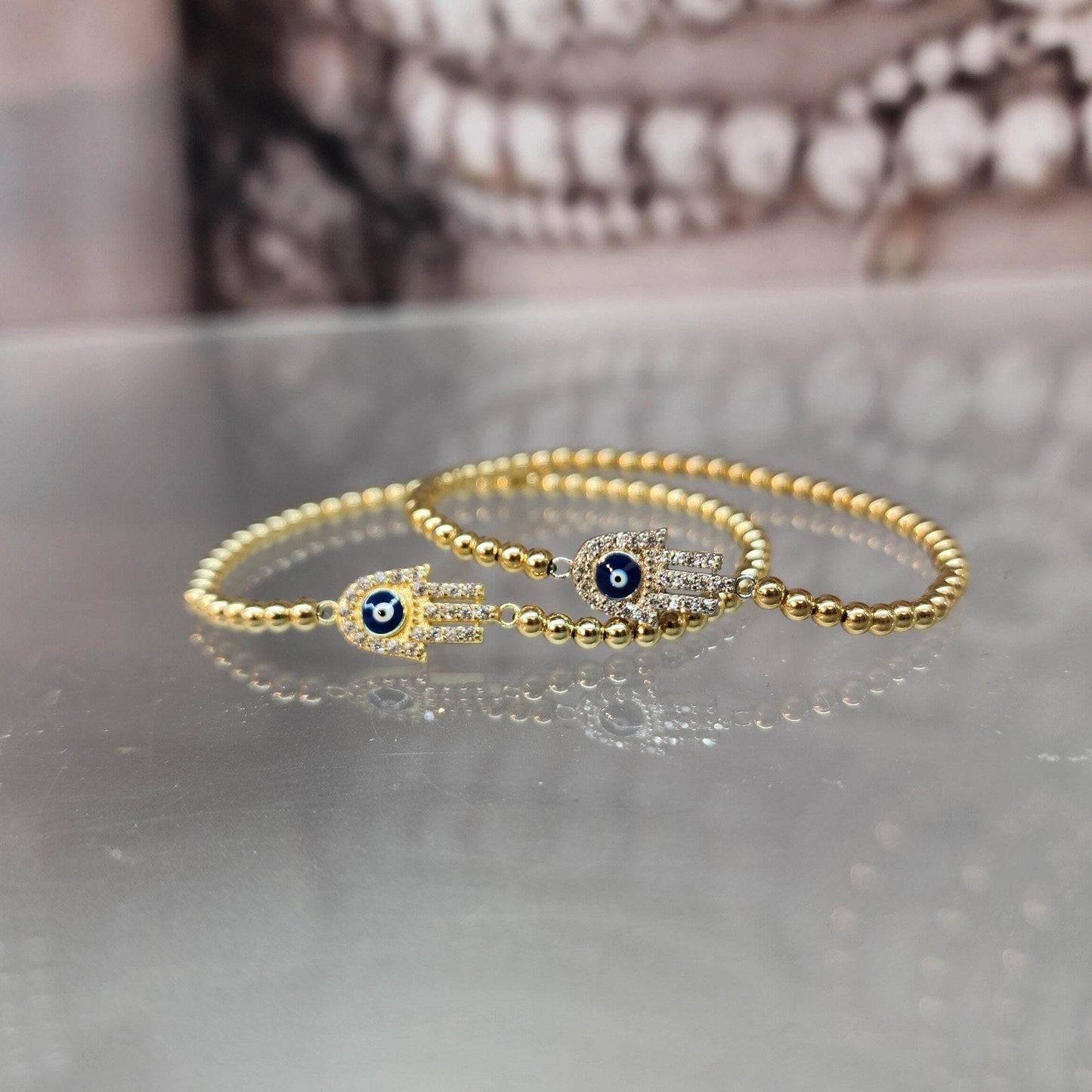 Good Luck Evil Eye Protection Bracelet - Spiritual Hamsa Gold Filled Hand Beaded - Stackable Hand Pendant Bracelet