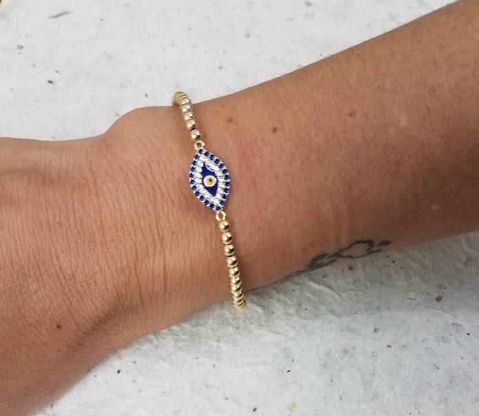Gold Filled Evil Eye Bracelet with Cubic Zirconia - Enamel Protection Design