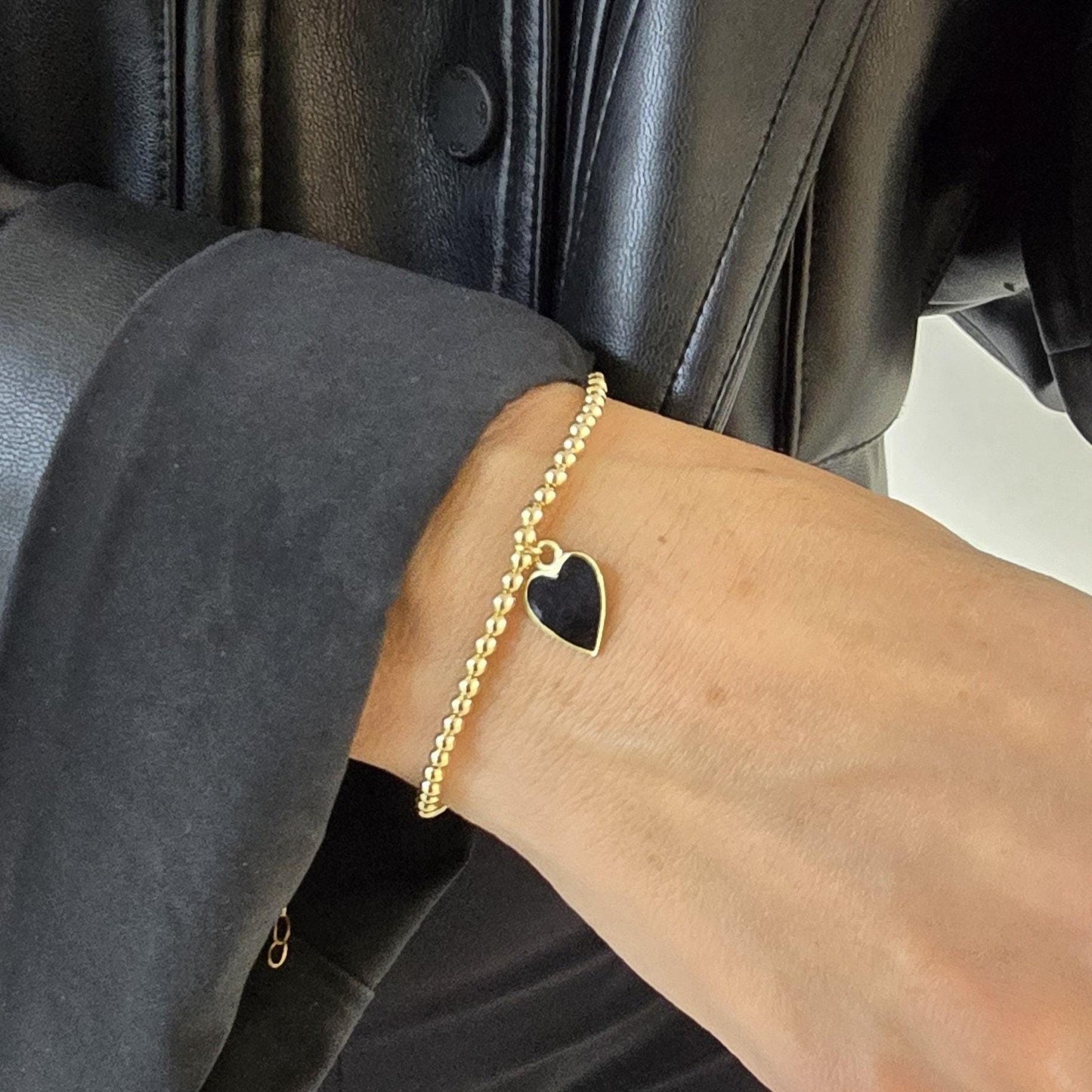Stretch Beaded Bracelet - Heart Charm Sterling Silver Gold Filled with Enamel Finish Stackable Bracelet