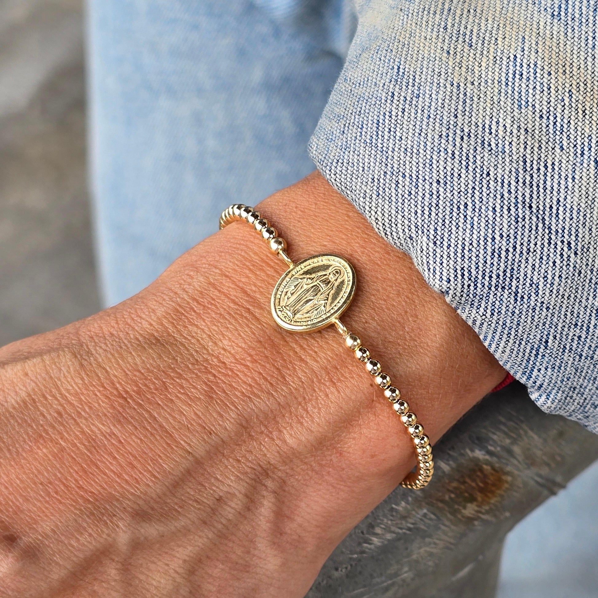 religious pendant bracelet, gold filled bracelet,14kt gold filled, beaded bracelet,Miraculous Medal Pendant
