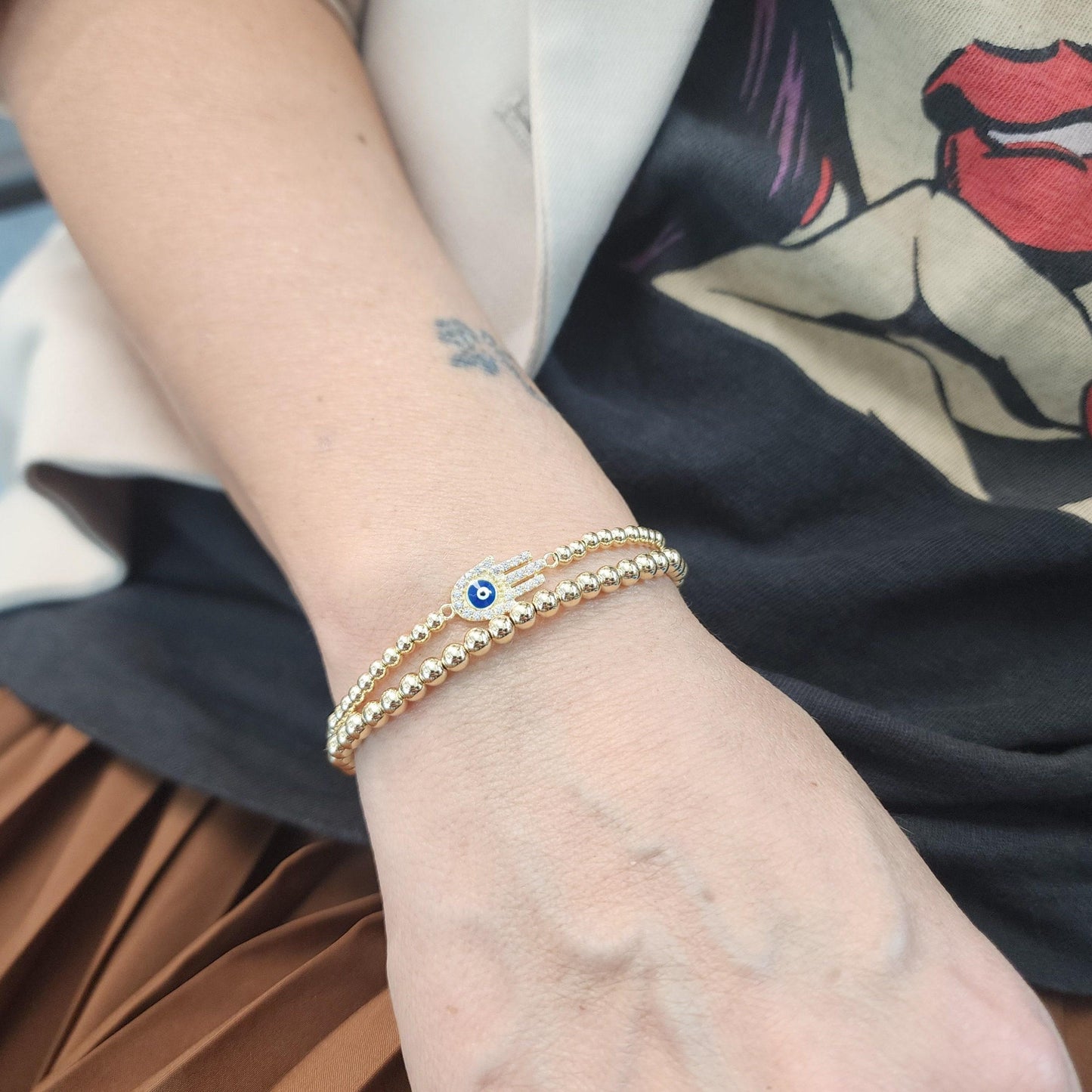 Good Luck Evil Eye Protection Bracelet - Spiritual Hamsa Gold Filled Hand Beaded - Stackable Hand Pendant Bracelet