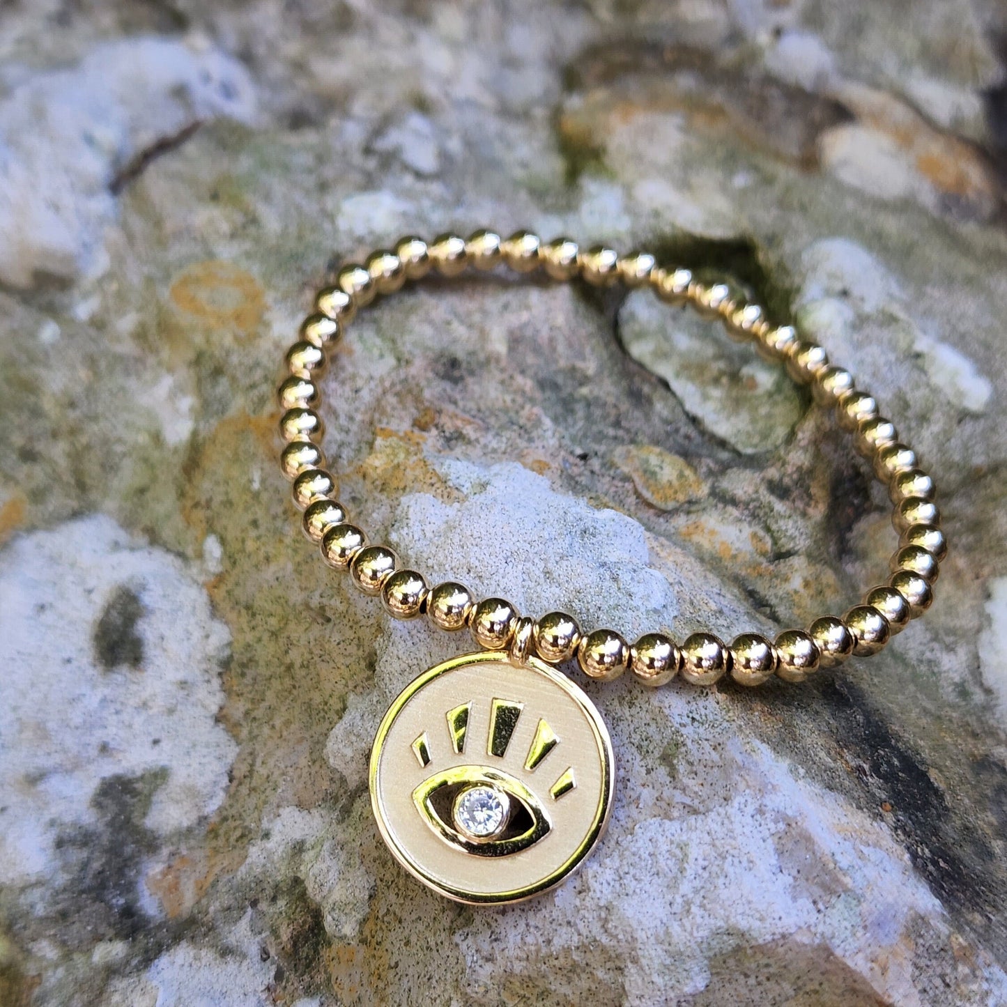 Evil Eye Charm with Gold Filled Beads, Isabella Celini, Gold Filled Beads, Stretch Stacking Bracelet, Boho Chic, Gift for Women