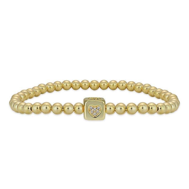 Gold Filled Love Bracelet - Cube Heart Pendant Bead Stretch Bracelet by Isabella Celini