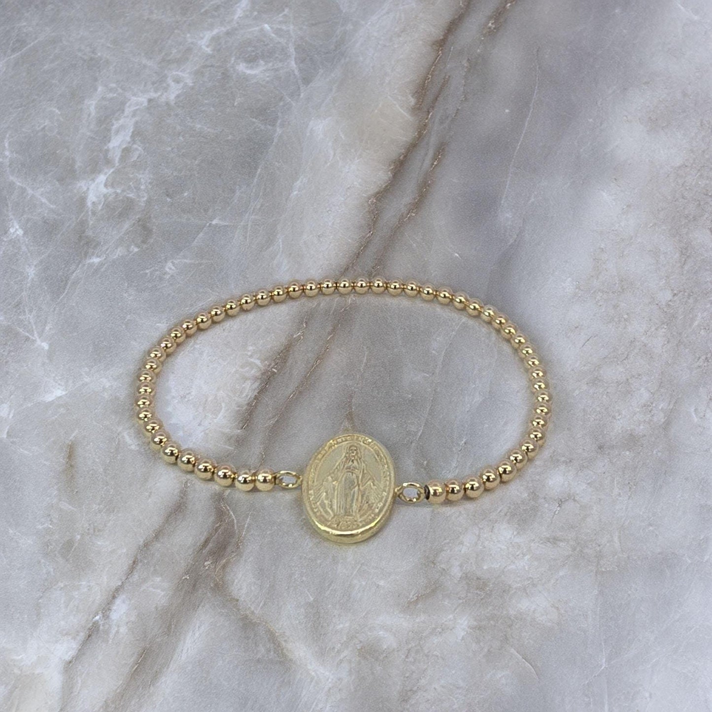 Miraculous Medal Pendant Gold Filled Beads Bracelet, Cute Religious Adjustable Bracelet, Tarnish Free Jewelry