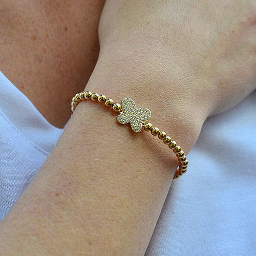 Stretch Butterfly Gold Beaded Bracelet - Non Tarnish Womens Jewelry