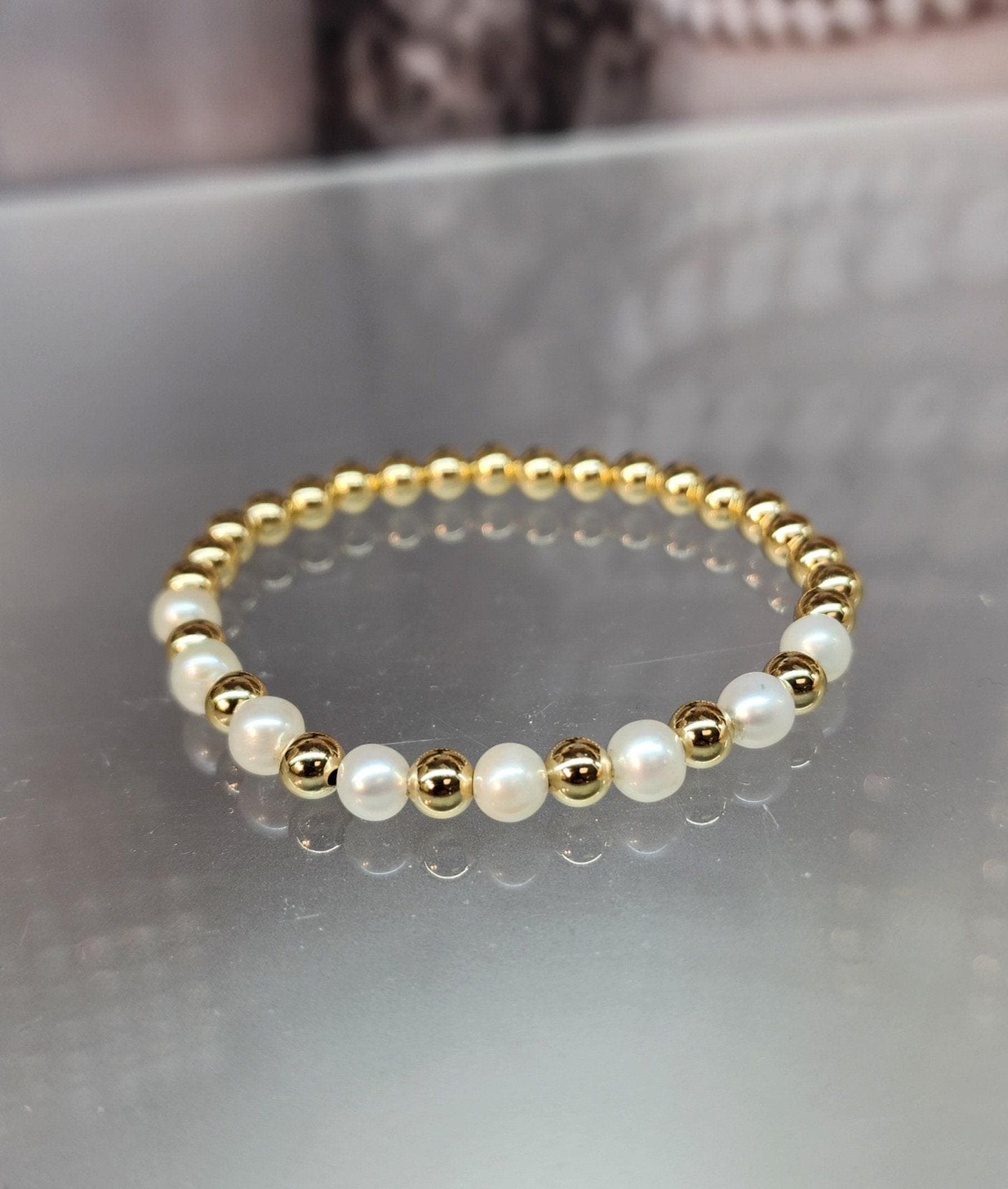 14KT Gold Filled Beaded Bracelet - Stretch Fresh Water Pearl Layering Design - Tarnish Free Jewelry