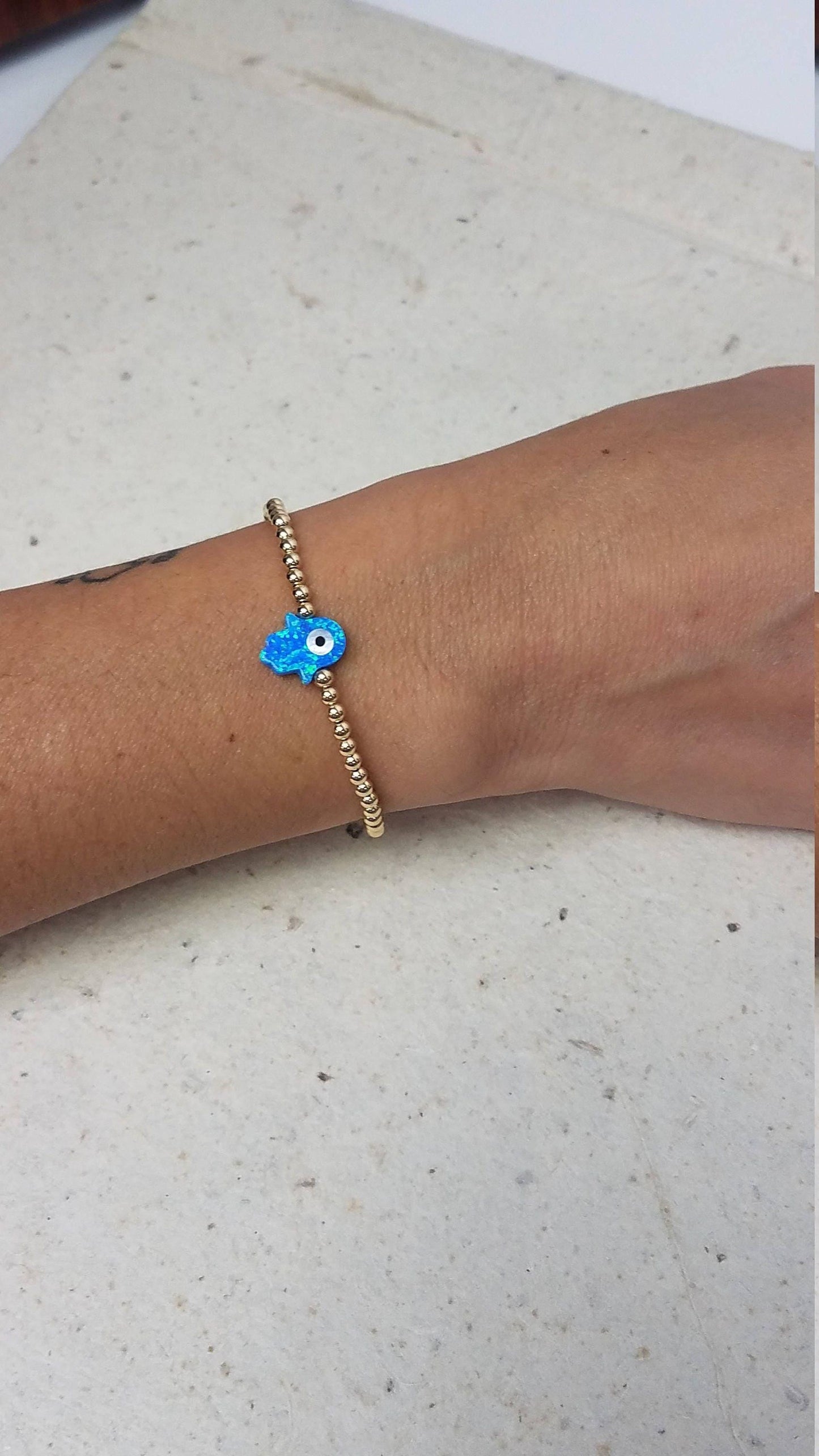 Hamsa Evil Eye Opal Pendant Bracelet - Spiritual Protection Gold Filled Good Luck Hand - Stackable Tarnish Free