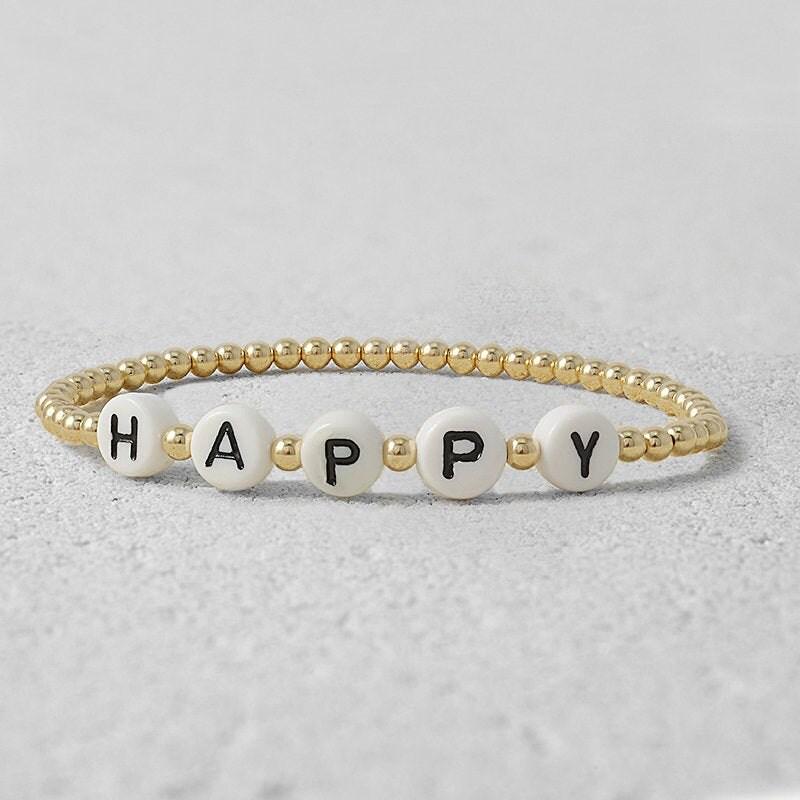 Gold Filled Happy Letter Beaded Bracelet - Customizable Tarnish-Free Waterproof Jewelry